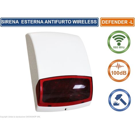 SIRENA SEGNALATORE OTTICO ACUSTICO WIRELESS 868 MHZ 100 DB PER ANTIFURTO ALLARME DEFENDER (1/3)