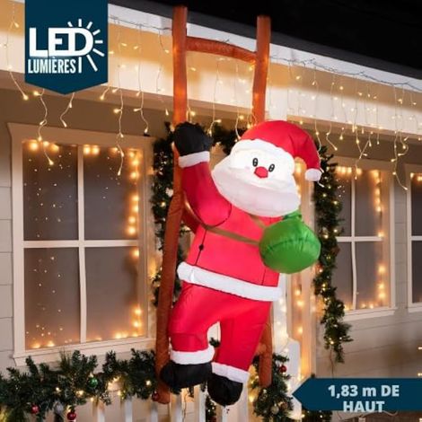 Décoration de Noël gonflable Père Noël grimpant de 1,80 m avec lumières LED intégrées, idéale pour les fêtes de Noël en intérieur et extérieur (jardin, terrasse, etc.). (1/4)
