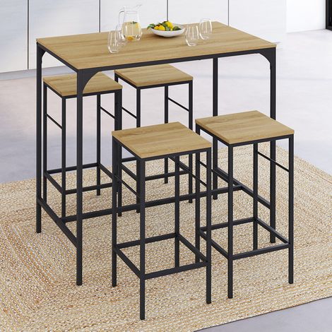 DETROIT Mesa de bar de 100 cm de altura y 4 taburetes de metal negro y madera - diseño industrial