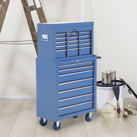 Chariot d'atelier avec coffre à outils, chariot à outils verrouillable vide avec tiroirs, compartiment à outils, clé et tapis antidérapants, bleu (1/5)