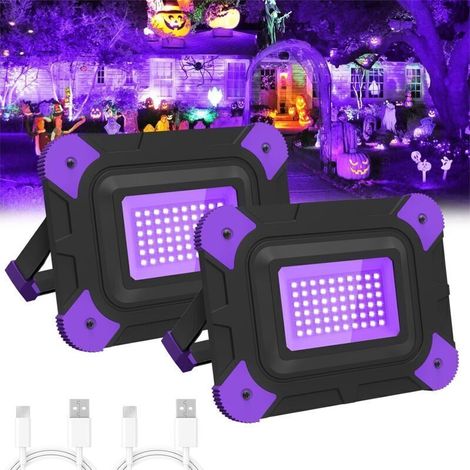 2 Pièces Lumière Noire UV, 6000mAh Projecteur LED Rechargeable, 400-405NM Projecteur UV pour Halloween Noël Soirée Body Painting