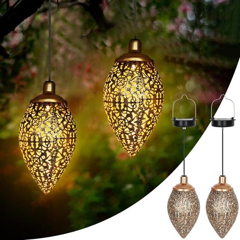 Lot de 2 lanternes solaires d'extérieur en métal blanc chaud - LED blanc chaud - Résistantes aux intempéries - Vintage - Pour jardin, arbre, patio, camping, pelouse (1/5)