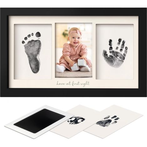 Ensemble comprenant les empreintes de mains et de pieds de bébé, tampon encreur pour bébé, cadre photo commémoratif, peut être posé sur une surface ou accroché au mur, noir. (1/5)