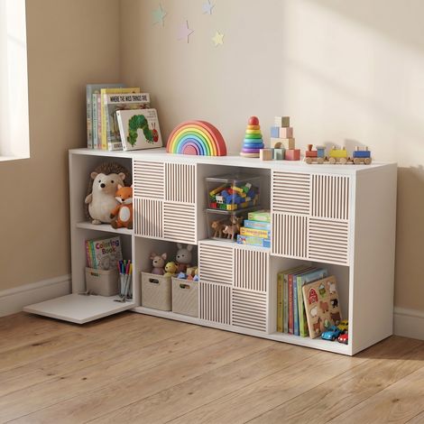 Bibliothèque enfant, 125X30X60cm, meuble de rangement enfant à 8 compartiments avec 4 portes, Étagère Modulaire en Bois, Style Moderne, Blanc