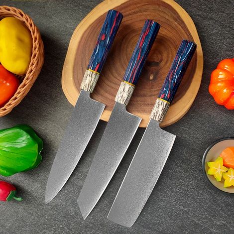 (Ensemble de 3 pièces) Couteaux de cuisine en acier de Damas, tranchants et stables, adaptés à la découpe des légumes, des viandes, etc., hachoirs de style japonais.