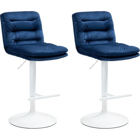 Set di 2 sgabelli da bar con poggiapiedi e schienale seduta imbottita in velluto blu e metallo bianco 100006750