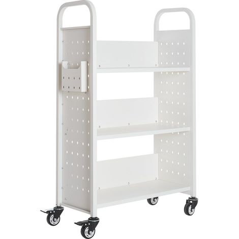 Chariot de bibliothèque à roulettes blanc, 150 kg, dimensions 77 x 38 x 122 cm, étagères en L, roues verrouillables, idéal maison bureau école. (1/5)