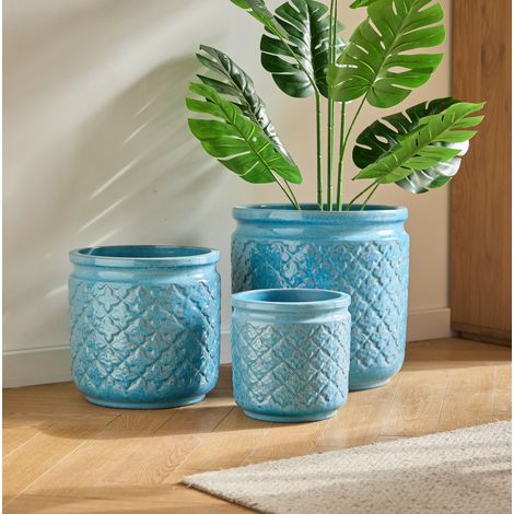 Set di 3 vasi da fiori in ceramica blu con motivi geometrici, Ø 38,1/30,5/22,9 cm (1/5)