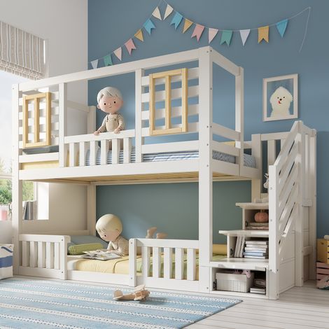 lit enfant superposé rangement 90x200 bois blanc OKMYHOME