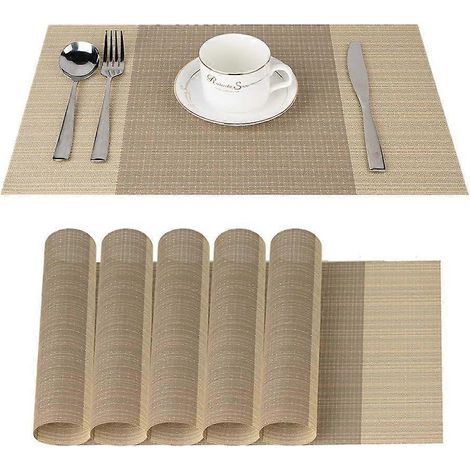Lot de 6 sets de table beiges antidérapants et lavables en PVC, 30 x 45 cm, résistants à la chaleur et aux taches. (1/5)
