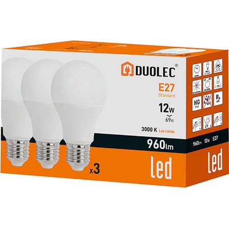 Pack 3 bombillas Led estándar DUOLEC E27 luz cálida 12W (1/2)