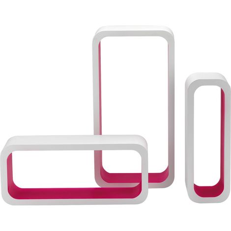 Set 3 Pièces Étagère Rectangulaire Courbe en MDF Bicolore, Blanc/Fuchsia