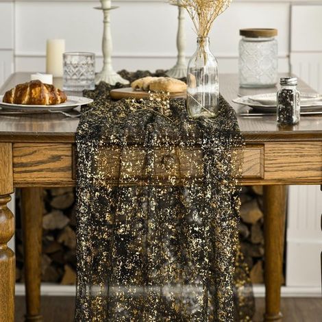 Runner da tavola in 2 pezzi, 70 x 300 cm, decorazione per la tavola con lamina d'oro, per cucina, festività, compleanni, matrimoni, nero e oro (1/5)