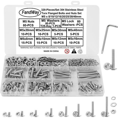 M5 Torx Vis à Tête Bombée avec Bride,320 Pièces Vis à Six Pans Creux en Inox 304,Vis à Métaux Boulon et écrous Rondelles Set,Filetage complet avec Clé T25.Pour Réparation Bricolage. (1/5)