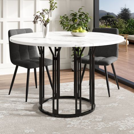 Table à manger ronde (1 pièce) table de cuisine avec pieds en métal motif marbre blanc/noir, 100x100x74 cm (1/5)