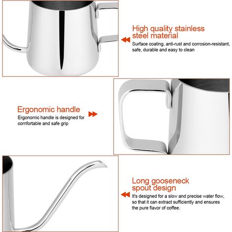Cafetière à filtre en acier inoxydable avec bec verseur en col de cygne long et fonction théière (argentée, 250 ml) (1/5)