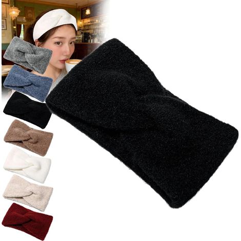 Bandeau Cheveux Femme Hiver,Tricoté Épais Cache-Oreilles,Hair Bandeau Cross Noué Élastique Bande de Cheveux Accessoire,Bandeaus Largue Élastique pour Filles, Chaude pour Temps Froid (Noir) (1/5)