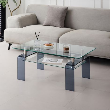 Table basse 100x55x45 cm transparente en verre trempé avec étagère, design moderne et format compact (1/5)