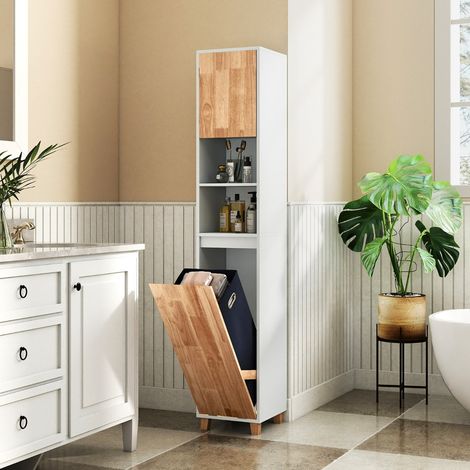 Armoire à Linge Inclinable Unité de Rangement Haute avec Portes en Bois 3 Étagères et Panier à Linge Amovible 32 x 31 x 170,5 CM Blanc (1/5)