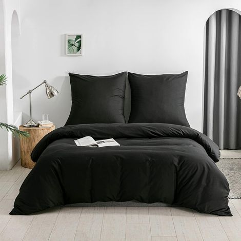 Parure de lit 3 pièces, en 100% Polyester, Microfibre, Confortable, avec Fermeture éclair, 1 Housse de Couette Unie et 2 taies d'oreiller (Noir, 240 x 220 cm + 80 x 80 cm x 2) (1/5)