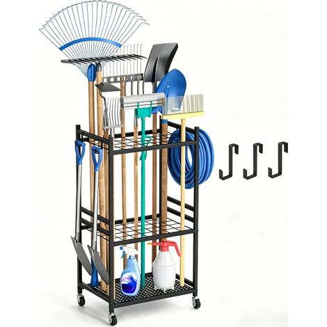 Chariot de Rangement pour Outils de Jardin sur Roulettes - Râtelier Garage Métal 35 Emplacements avec 3 Crochets - Acier Noir (30x43x79 cm) (1/5)