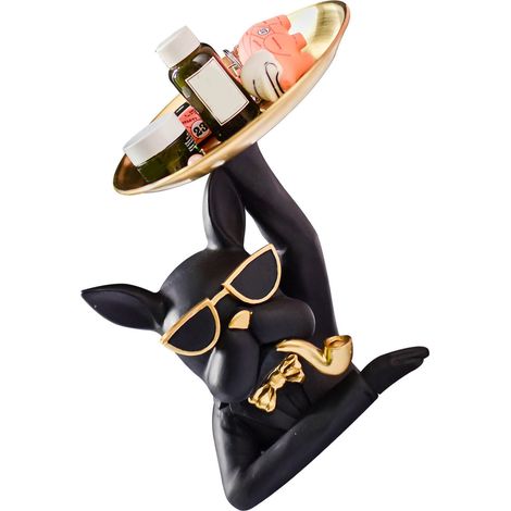 Plateau décoratif en résine synthétique représentant un bouledogue, idéal pour ranger bijoux, fruits et autres objets. Couleur : noir. (1/4)