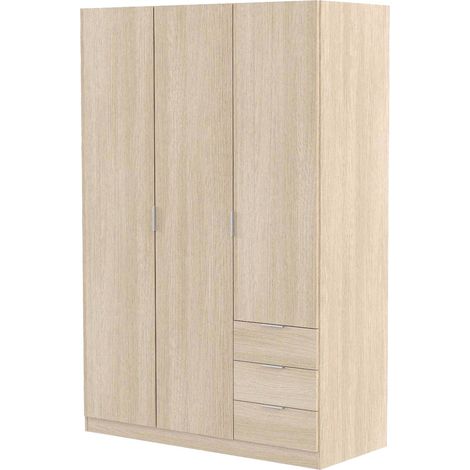 Dmora Guardarropa Warren, Armario dormitorio con 3 puertas y 3 cajones, Mueble con 3 baldas y barra perchero, cm 121x52h180, Roble, con embalaje reforzado