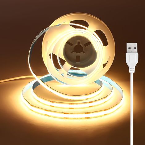 1.5m Ruban LED COB USB 3000K, 5V Bandes LED Blanc Chaud avec adhésif, largeur 8 mm, IRC 92+ pour téléviseur, miroir, sous meuble, étagère, cuisine [Classe énergétique F] (1/5)