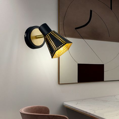 Wandleuchte mit verstellbarem Spot Wandlampe schwarz gold Bettleuchte, Metall, Dekorstanzungen, 5,5W 470lm warumweiß, LxH 9,5x17 cm