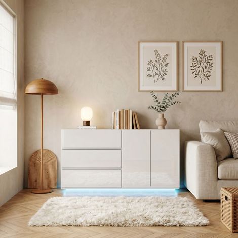 Comò sideboard scandinavo bianco LED - Comò moderno 2 porte 3 cassetti - Comò per soggiorno camera da letto di stoccaggio (1/5)