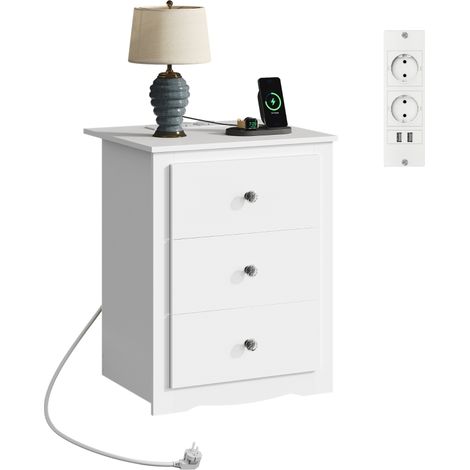 Table de chevet WLIVE blanche avec 3 tiroirs, ports USB et prises, meuble de rangement pour chambre et bureau. (1/5)