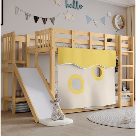 Letto a castello bambini 90x200 cm con scala, sponde di sicurezza, tenda e scivolo, in legno, senza materasso, naturale (1/5)