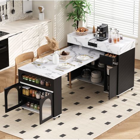 Mesa de cocina extensible con ruedas, tomas de corriente, MDF y negra HAVRYA (1/5)