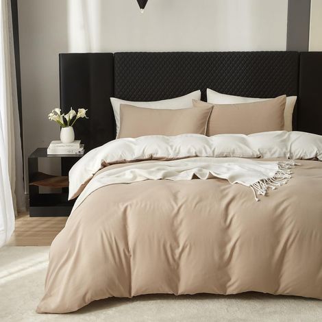 Bettwäsche 200x200 cm Baumwolle Wendebettwäsche ÖKO-TEX Beige Weiß 3-teilig