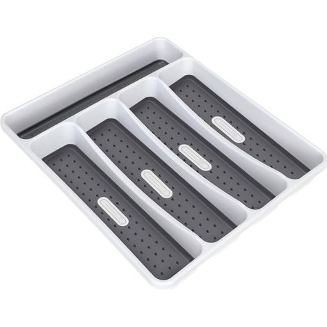SABIR Range-Couverts pour tiroir, 5 Compartiments Organisateur de tiroir, Plastique sans BPA Range-Couverts pour Cuisine, Salle de Bain, Bureau, HxLxP: 4,7x32,2x28,4cm, Blanc (1/5)