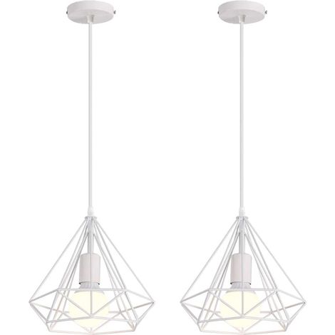 Lot de 2 Suspension Luminaire Industrielle, 250MM Lampe Suspension Vintage E27 Lustre Plafonnier Abat-jour en Métal Design de Cage de Diamant Éclairage Décoration (Blanc) (1/5)