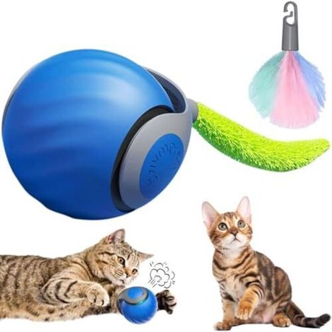Balle de Jouets interactifs pour Chats d'intérieur, Jouet Interactif pour Chien et Chat, Balle Roulante Automatiqu avec Queue Duveteuse, Bleu (1/5)