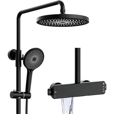Duschsystem Schwarz mit Thermostat, Regendusche mit Armatur, Messingkörper 3 in 1 Duscharmatur Komplettset mit 260 mm Duschkopf, Anti-Kalk-Düsen, 3 Modus Handbraus, Wanneneinlauf, Höhenverstellbar (1/5)