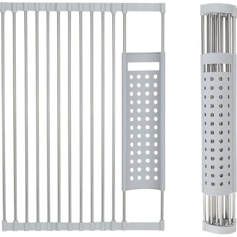 Escurridor de platos enrollable y plegable de acero inoxidable, para colocar sobre la encimera, para guardar platos, frutas y verduras (gris, 46 x 33 cm). (1/4)