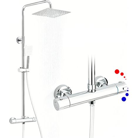 Système de douche thermostatique chromé avec poignée pour touristes, pommeau de douche pluie ultra-mince en acier inoxydable, douche à main portable (1/5)