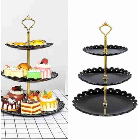 Présentoir à desserts à 3 niveaux, luxueux plateau à fruits en plastique noir, idéal pour le salon, les mariages et Noël. Grand format. (1/5)