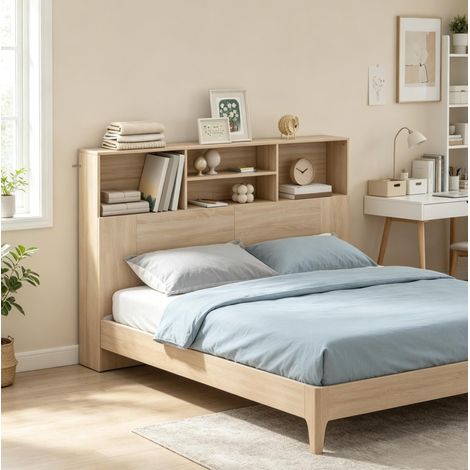 Cabecero 140x19x103,5 cm en MDF natural con 4 nichos de almacenaje – MEUBLIV (1/5)