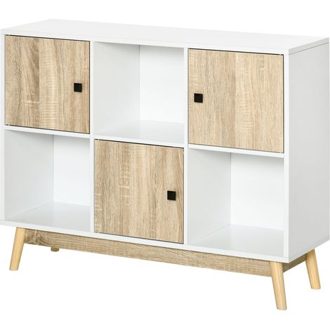 Buffet salon, meuble de rangement 9 cubes avec 3 portes et 3 compartiments ouverts, pieds en bois de pin, style moderne, buffet salle à manger, cuisine et salon, 96 x 30 x 75 cm, blanc, naturel