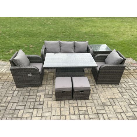 Fimous Wicker PE Rattan Outdoor Garden Furniture Set Height Adjustable Rising lifting Dining Table With Armchair Side Table 2 Small Footstools (1/5)