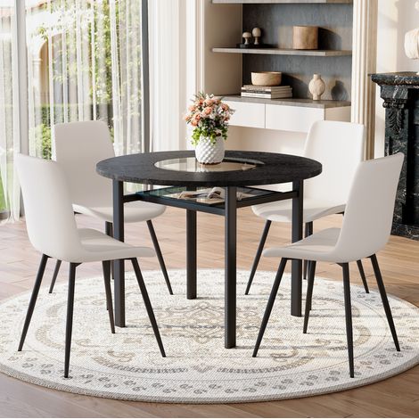 Set tavolo rotondo moderno minimalista con 4 sedie bianche in PU, piano effetto legno nero da 100 cm (1/5)