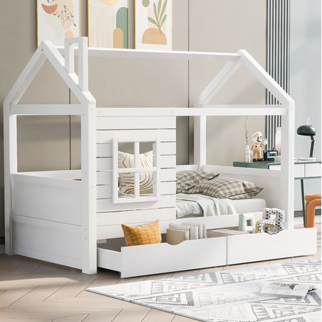 Kinderhausbett 90/200 cm weiß aus Kiefer massiv mit Rausfallschutz und 2 Schubladen (1/5)