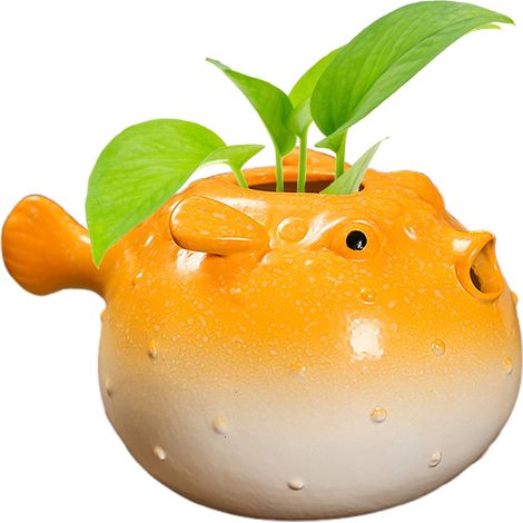 Mini Pot de Culture Hydroponique Céramique Petit Poisson Globe [Jaune] - Vase Décoratif pour Plantes Vertes, Bureau et Salon (1/2)