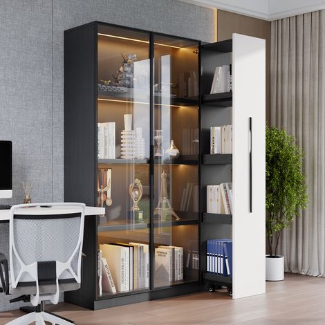 Armoire multifonction 110,5×35×160cm vitrine LED porte vitrée,rouleau latéral design blanc noir pour salon et salle de bain.