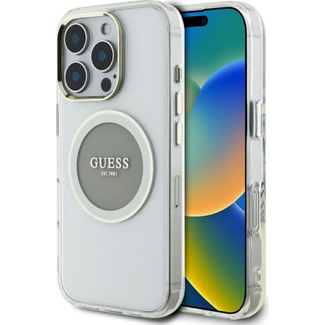 Custodia Guess IML con cerchio in metallo colorato e logo classico MagSafe per iPhone 16 Pro, grigia. (1/5)