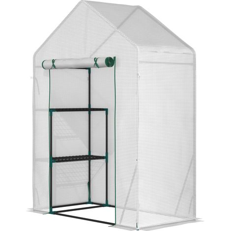 Outsunny Serre d'extérieur petite serre avec 2 étagères, porte enroulable à fermeture éclair, cadre en acier et couverture en PE 140g/m² pour la culture de plantes et fleurs, 143x73x195 cm, blanche